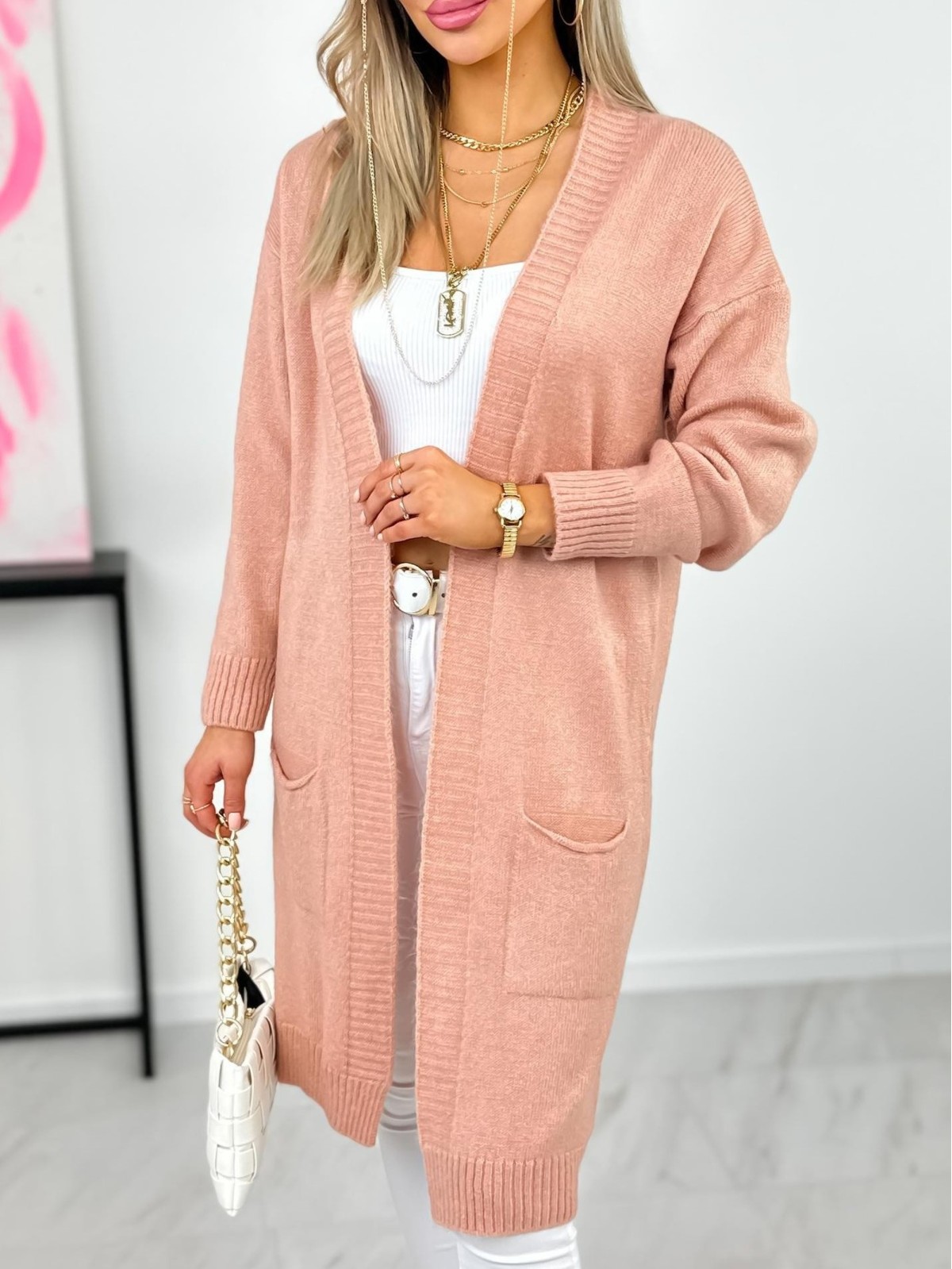 Sweter Kardigan Cari Pudrowy Róż Sweter Kardigan Cari Pudrowy Róż