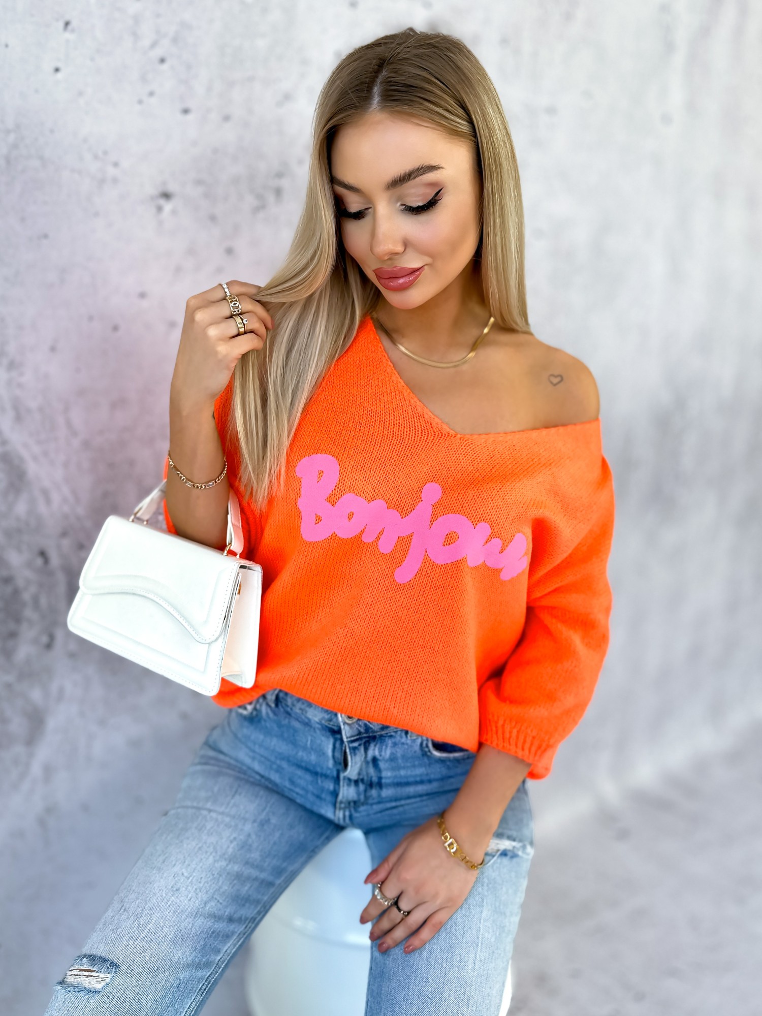 Sweter Bonjour Neonowy Pomarańczowy Sweter Bonjour Neonowy Pomarańczowy