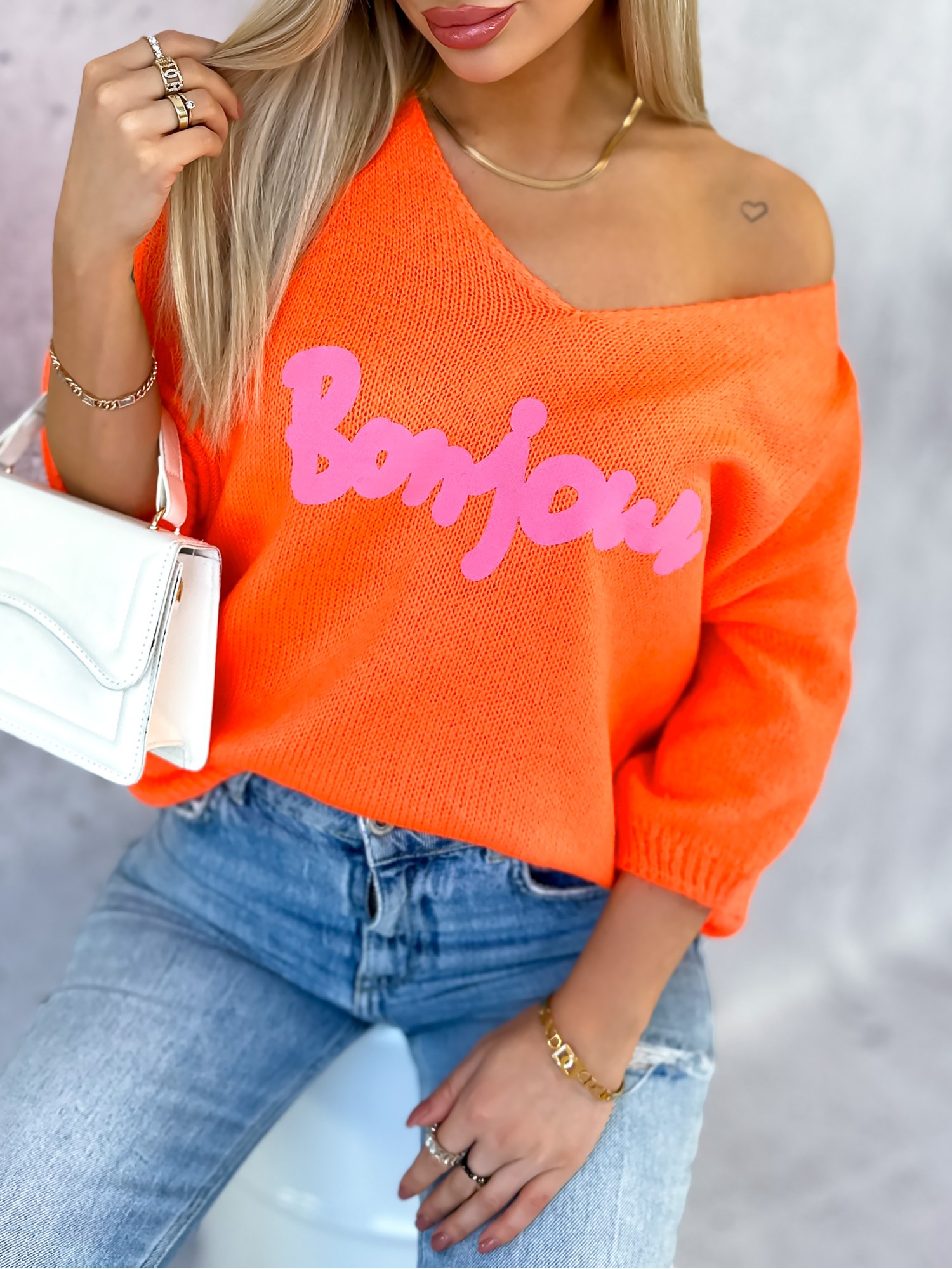 Sweter Bonjour Neonowy Pomarańczowy Sweter Bonjour Neonowy Pomarańczowy