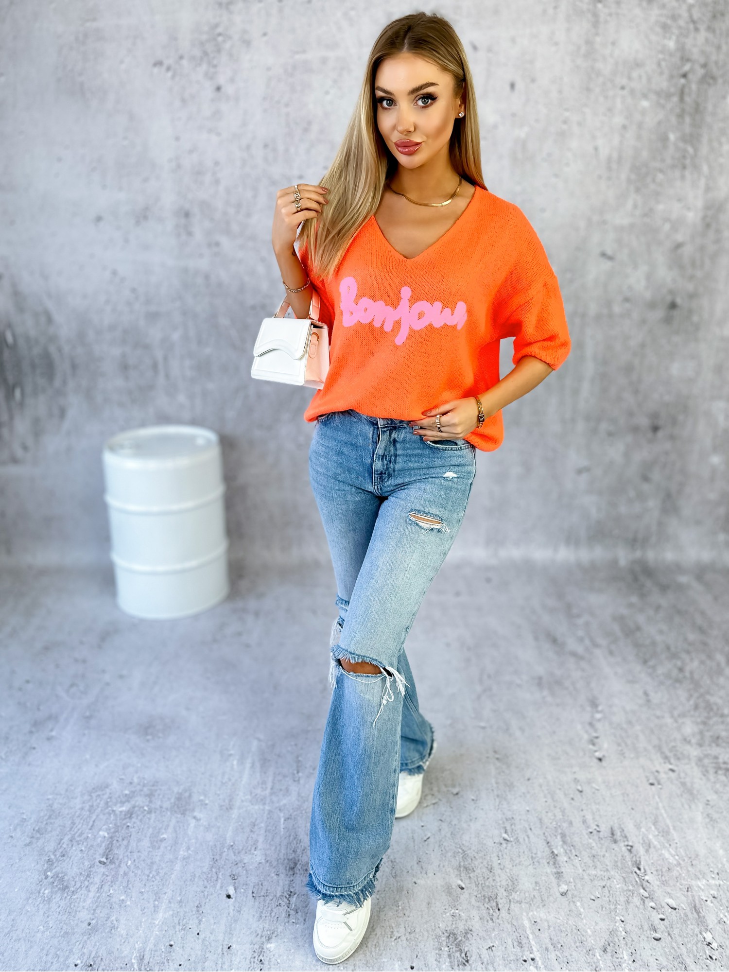 Sweter Bonjour Neonowy Pomarańczowy Sweter Bonjour Neonowy Pomarańczowy