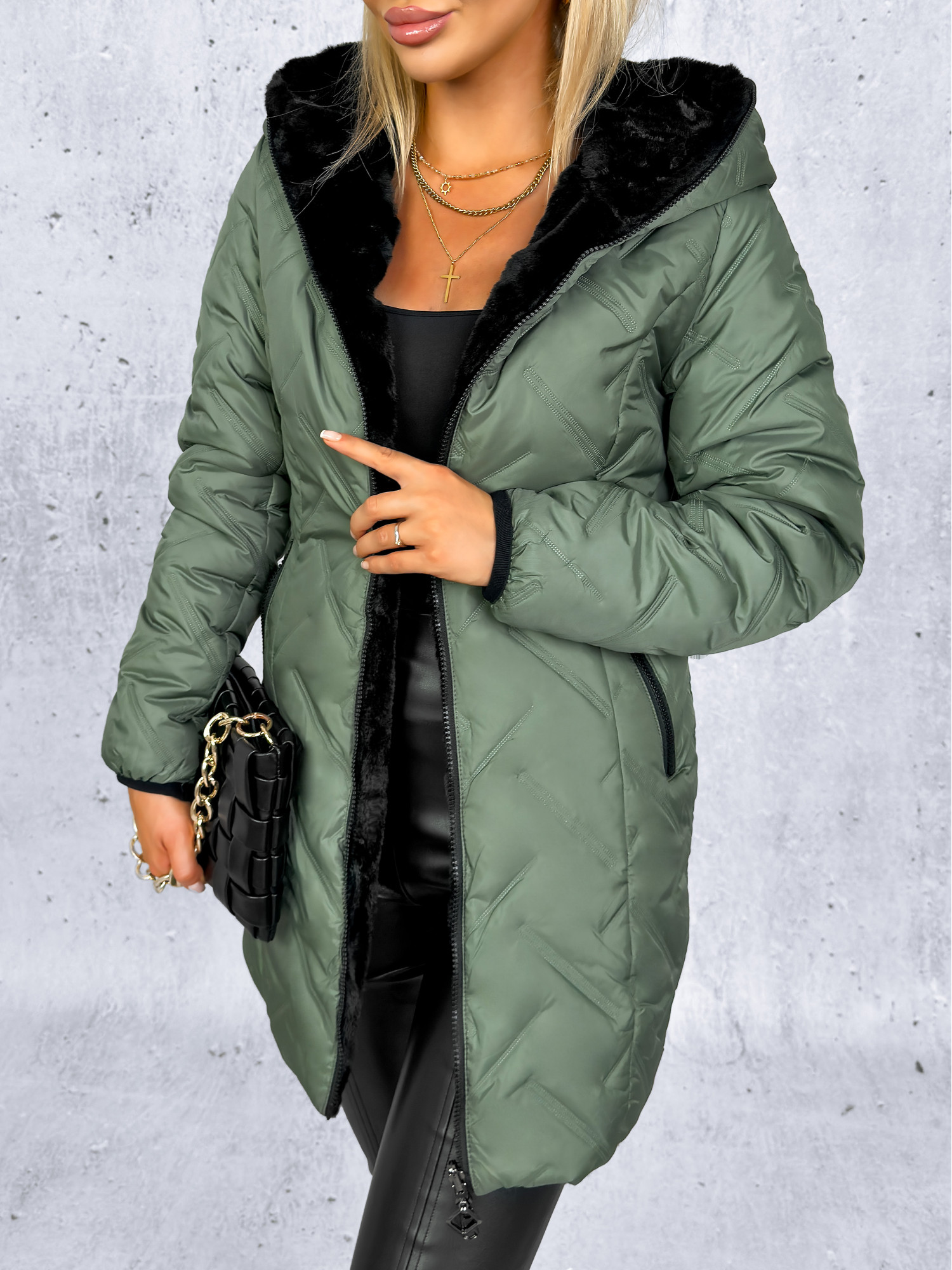 Kurtka Dwustronna Clarena Oliwkowo-Czarna