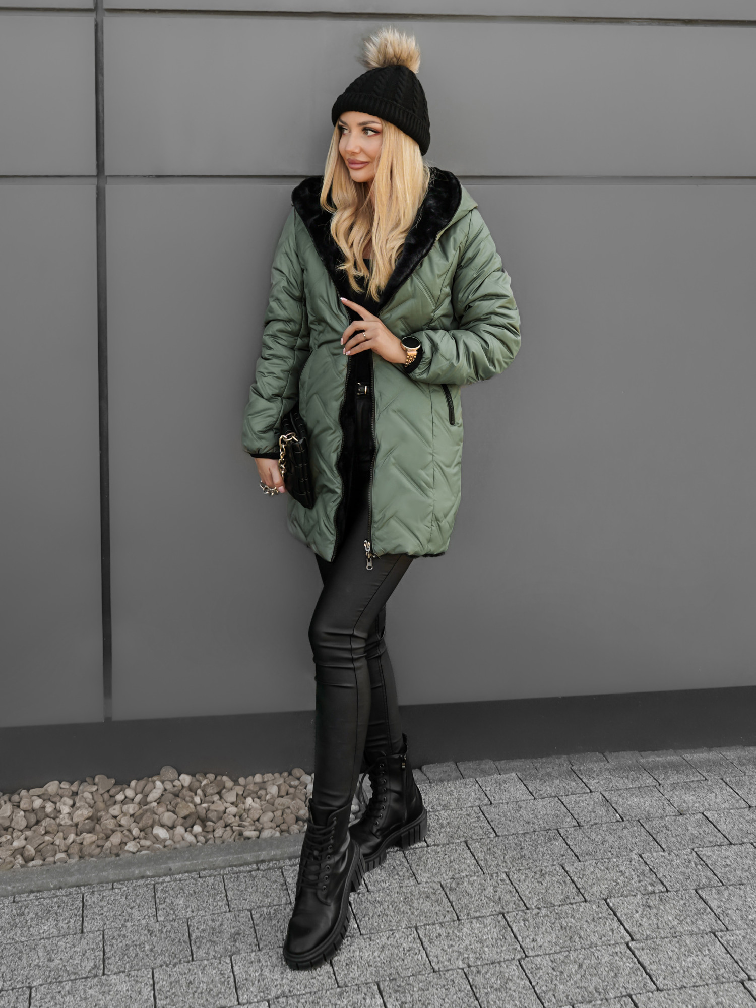 Kurtka Dwustronna Clarena Oliwkowo-Czarna