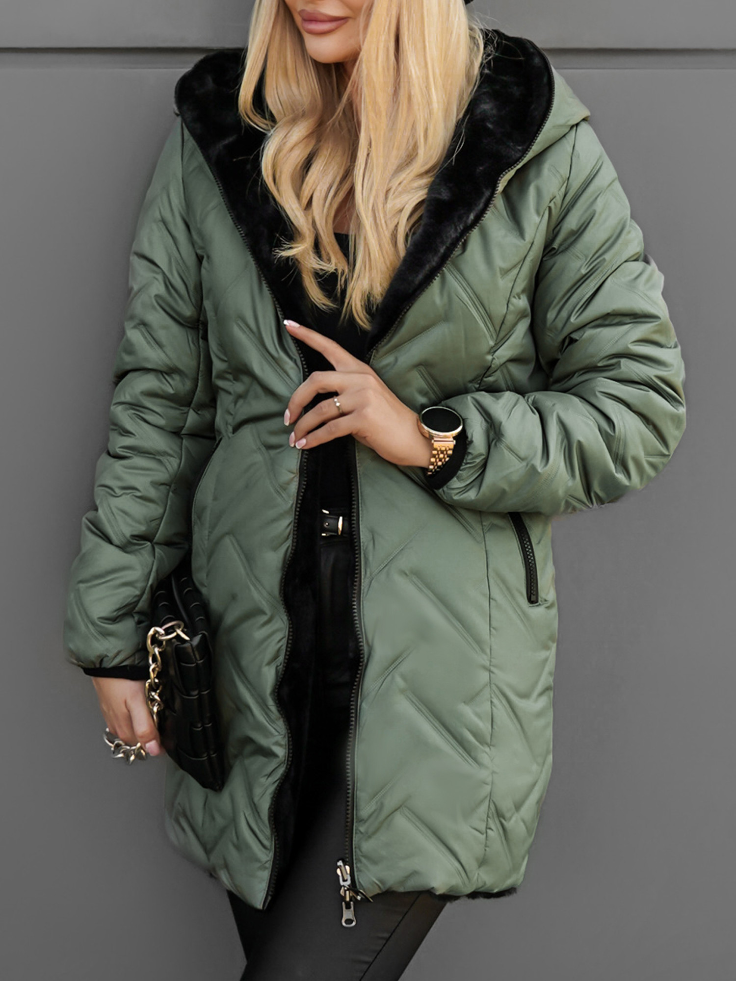 Kurtka Dwustronna Clarena Oliwkowo-Czarna