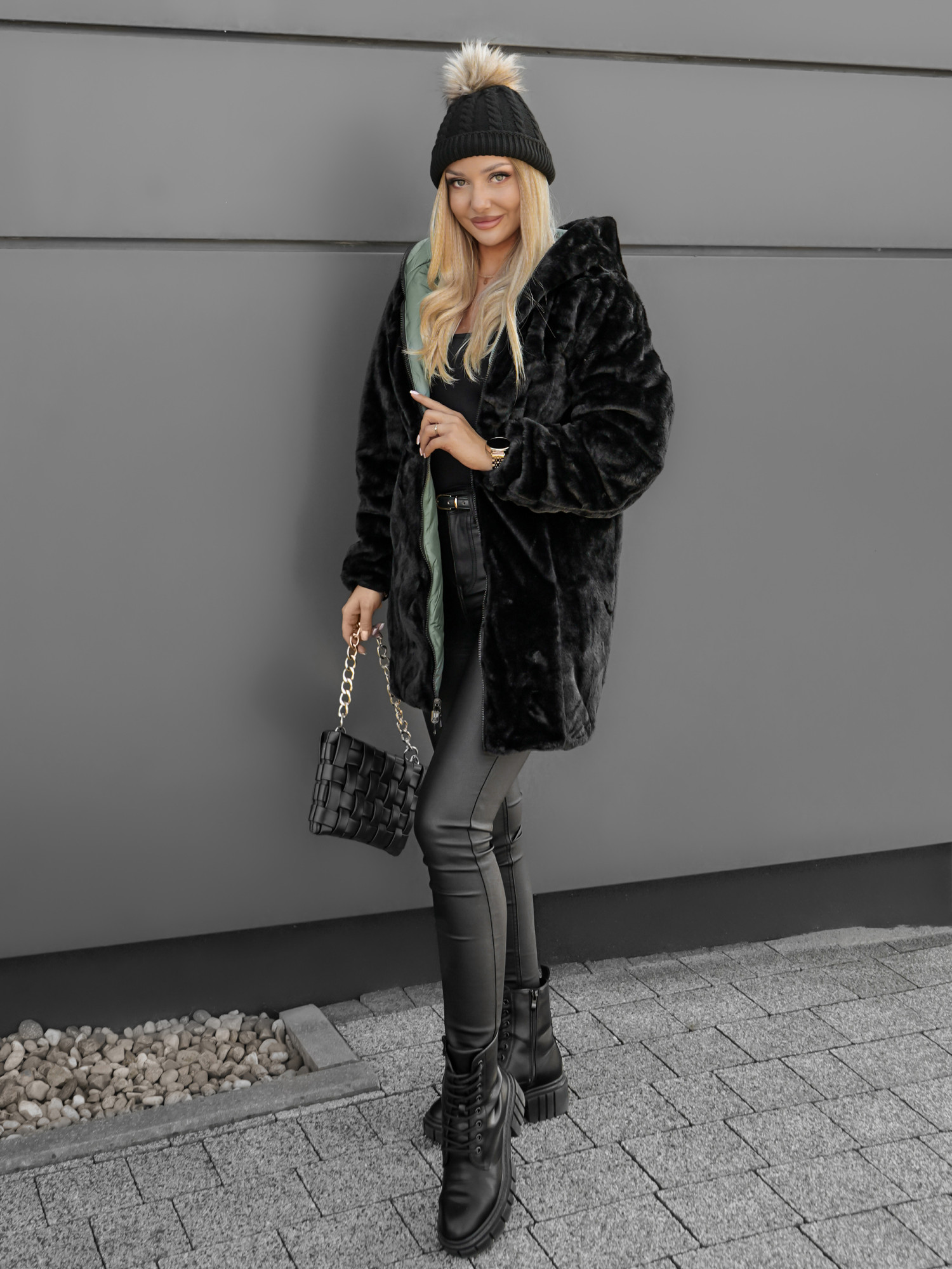 Kurtka Dwustronna Clarena Oliwkowo-Czarna