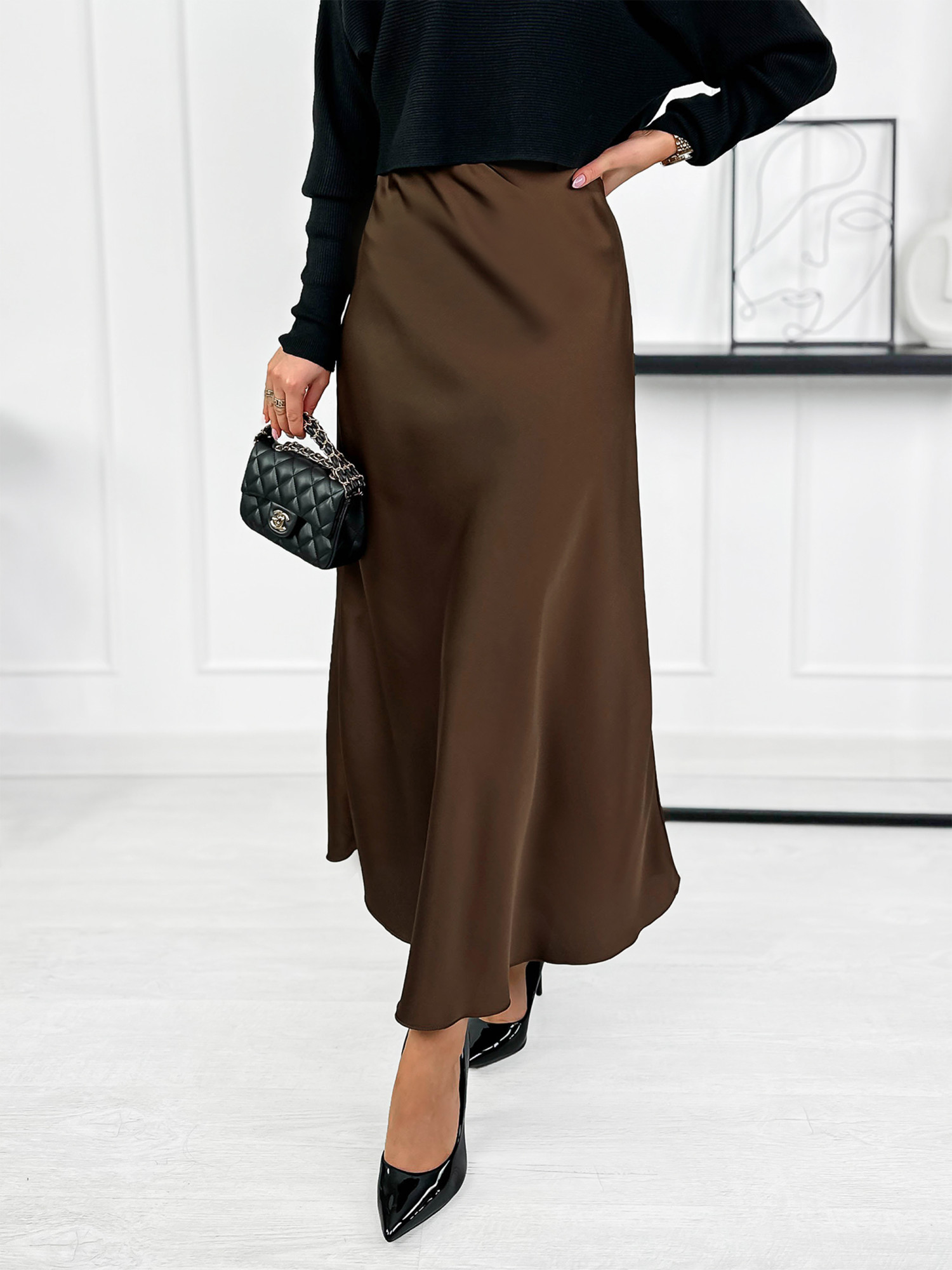 Spódnica Satynowa Ragusa Czekoladowy Brąz